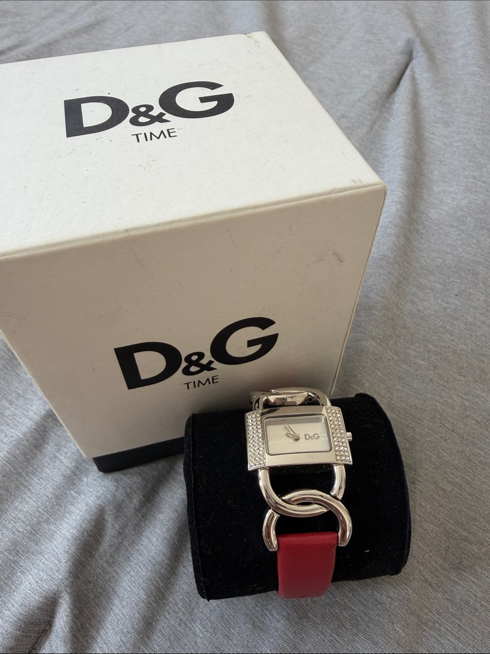 D&G Silver-Tone Rectangular Watch with Red Leather Strap